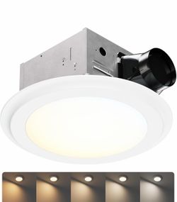 100CFM Round Bathroom Ventilation Fan: Quiet 1.2 Sones Ceiling Mount Exhaust Fan Combo With Integrated LED Light, 5CCT Selectable, Dimmable, Wet Rated