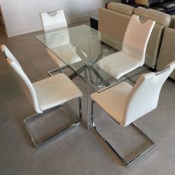 Glass Dining Table with 4 White Chairs