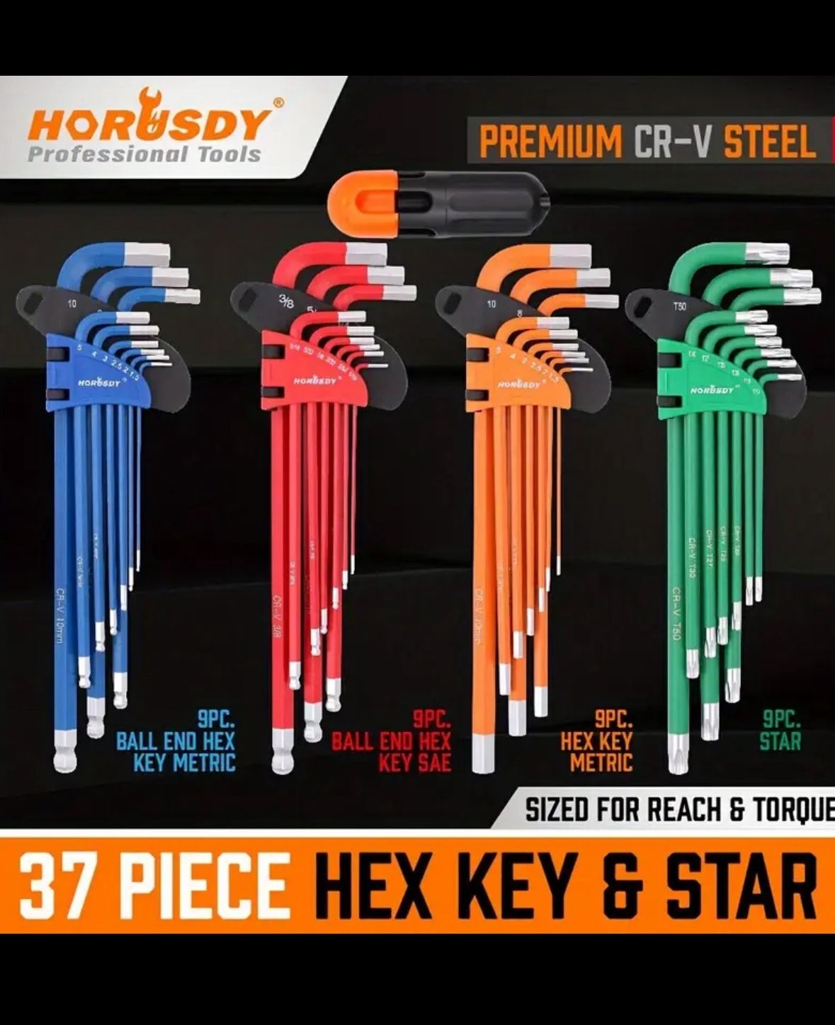 Premium CR-V Steel 37pcs Hex & Torx Key Set - Tamper-Proof, SAE & Metric Sizes, Long Arm Ball End Allen Wrenches in Vibrant Colors for Easy Identifica