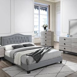 Brand New In Box Grey Velvet Queen  Size Bed With Mattress 