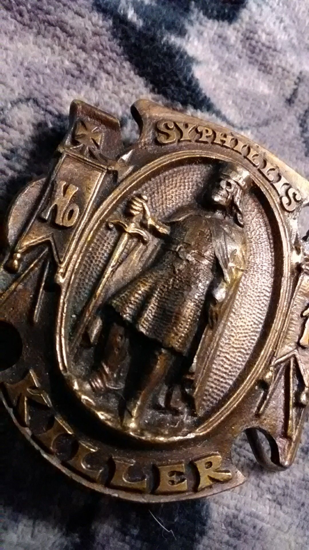 circa 1970s belt buckle emblazoned w/ Syphilis No. 1 Killer.