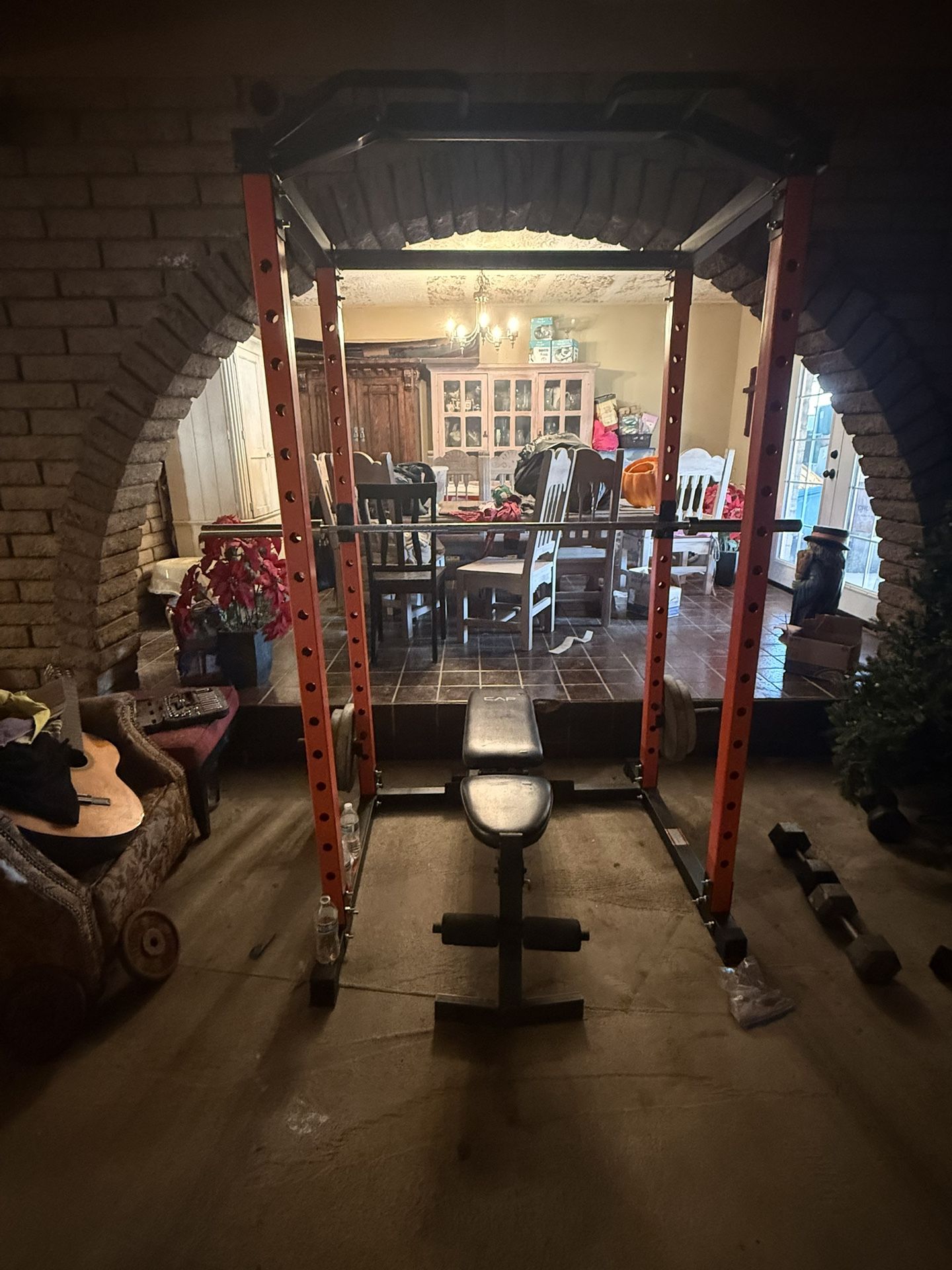 Power Rack With Olympic Barbell And Weights And Bench