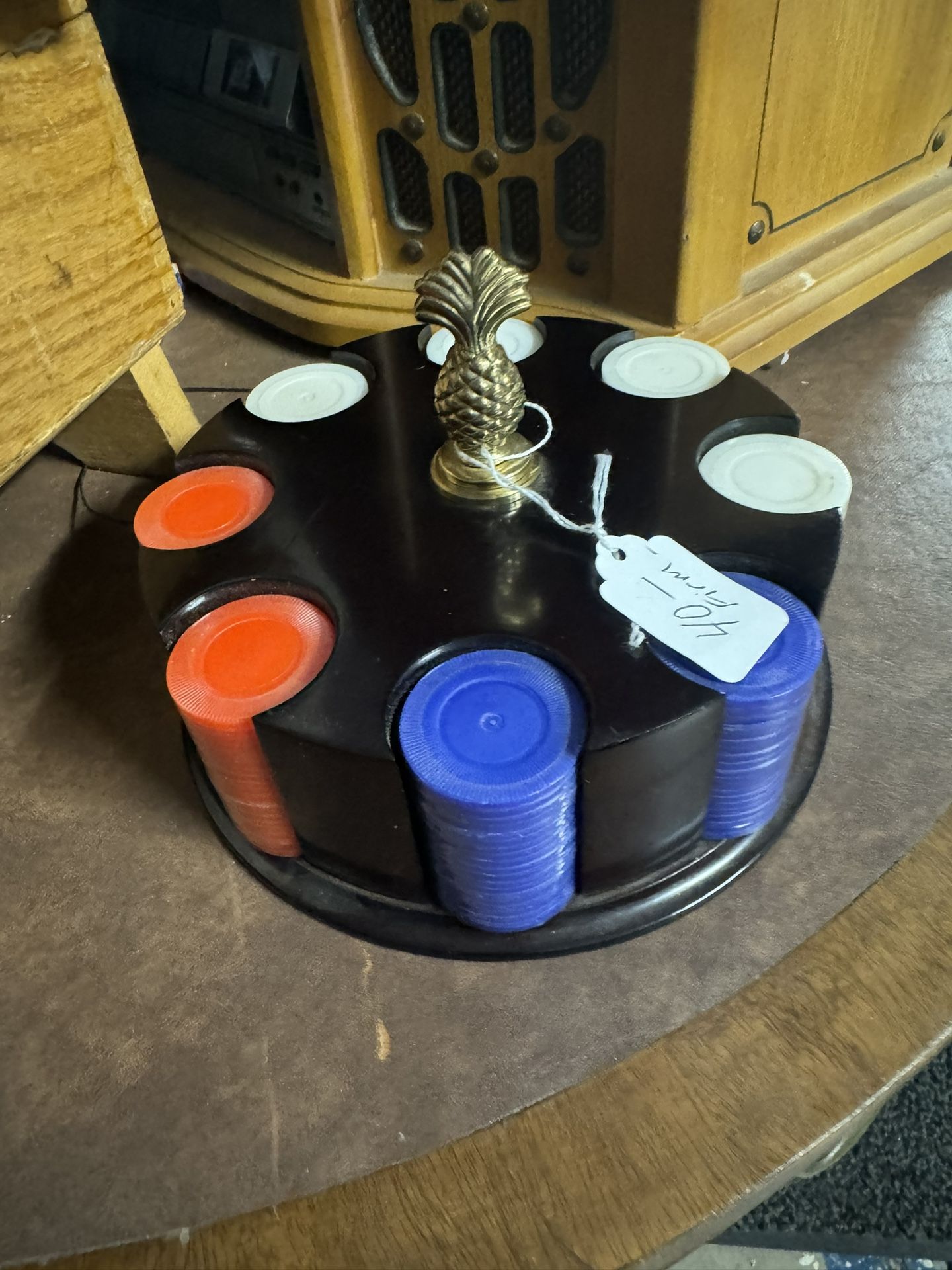 Vintage Poker Chip Holder All New Chips Never Opened 40.00 Firm Brass Pineapple On Top