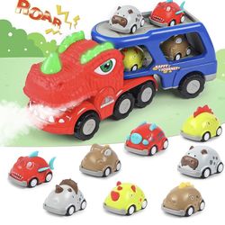 Qidordour Dinosaur Toys for Kids 3-5, 9 in 1 Detachable Double Decker Dino Transport Carrier with 8 Pull Back Cars, Dinosaur Toy Vehicle with Spray, S