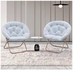 Round Folding Faux Fur Saucer Chair for Bedroom Living Room Dorm Foldable Metal Frame Oversized Large Comfy Furry Padded Soft Lounge Lazy Co
