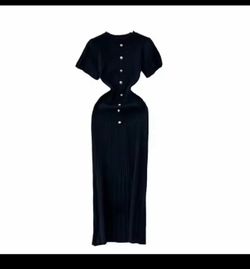 Classic Black Ribbed Knit Sweater Dress - Pearl Button Midi Dress