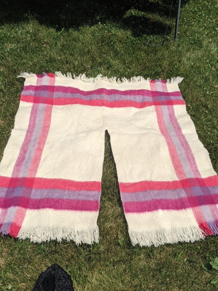 Vintage Wool Blanket Poncho 1970s Pink Purple Cream Tartan Plaid