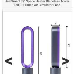 HealSmart 32'' Space Heater Bladeless Tower Fan,9H Timer, Air Circulator Fans