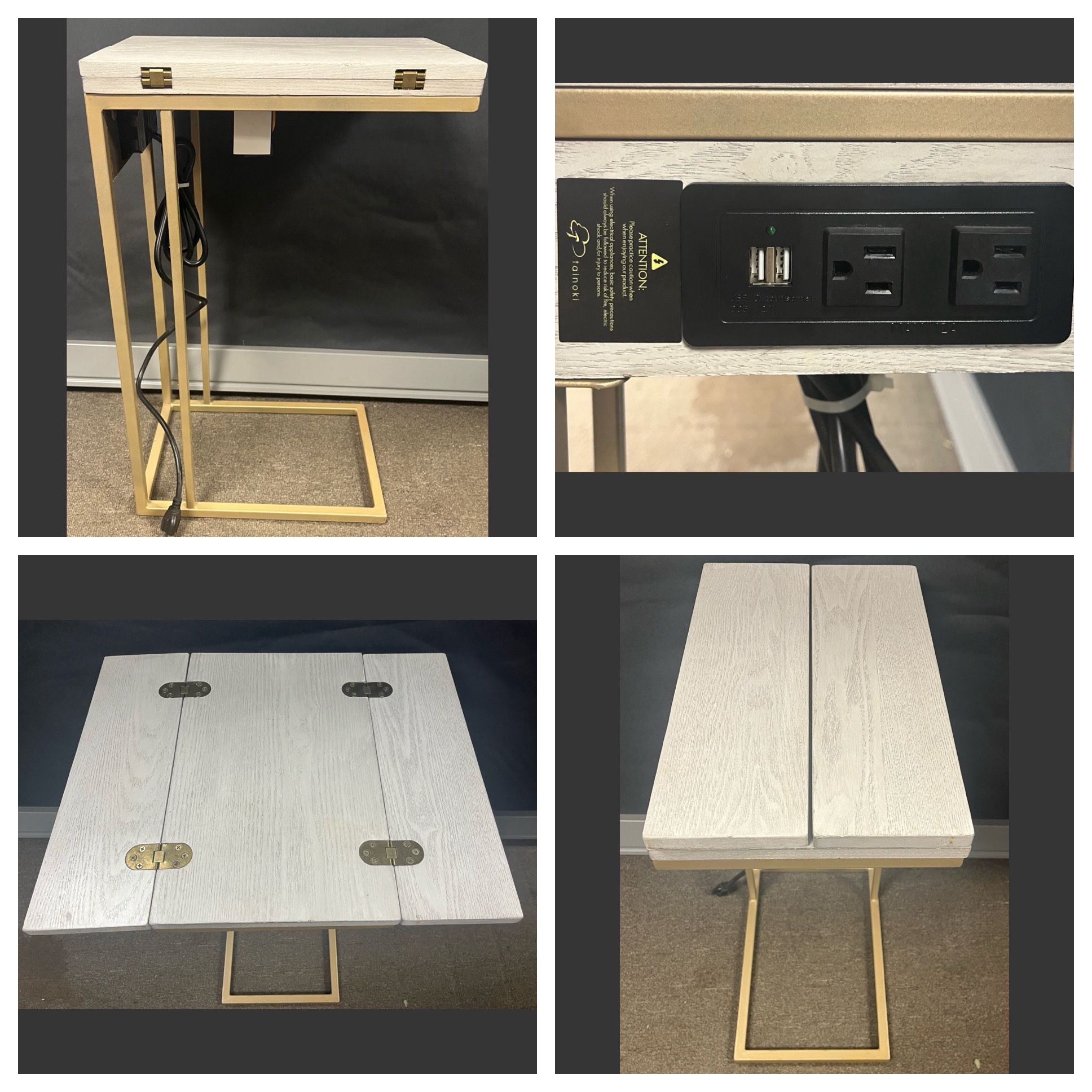 C Shaped side table with 2 USB and 2 power outlets. Sofa end table. Couch accent table