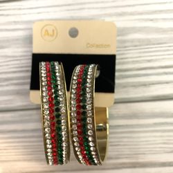 Silver, red  and  green rhinestone Hoop earrings 