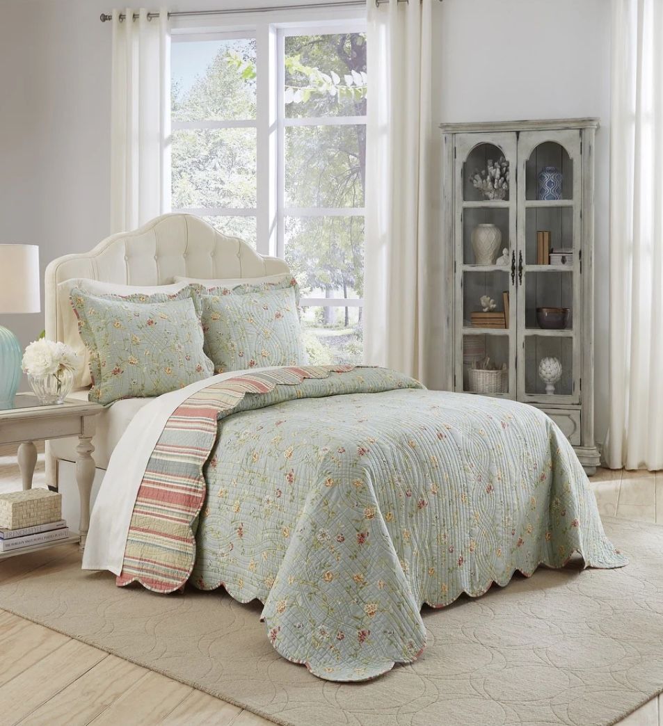 WAVERLY GARDEN GLITZ VAPOR 3pc F/Q QUILT/BEDSPREAD 100% COTTON FLOARL