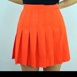 Cute Orange Pleated Skirt With Hidden Zipper