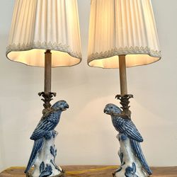 Pair Of Antique Bronze And Porcelain Parrot Lamps
