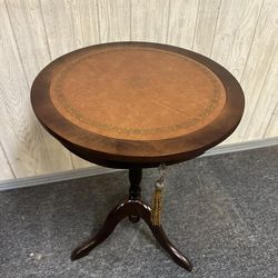 Vintage Tripod Hardwood Drum Side table with Leather Top and Draw