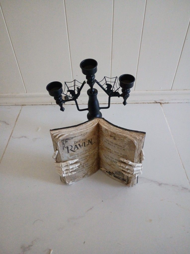 Metal Halloween Candle Holder And Spooky Raven Book 