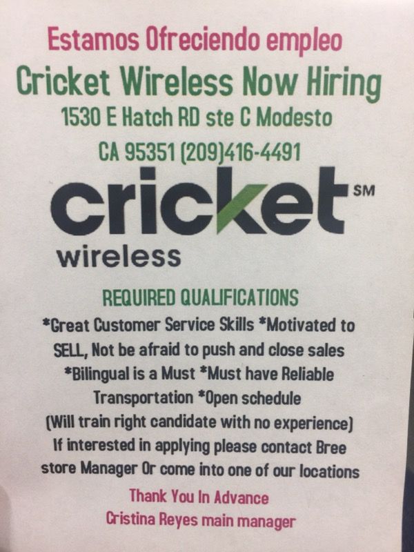 Cricket wireless now hiring / ofreciendo trabajo