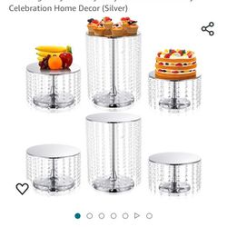 Set of 6 Metal Cake Stands with Crystal Pendant Round Dessert Display Plate Cupcake Holder Pedestal for Wedding Party Birthday Baby Shower Anniversary