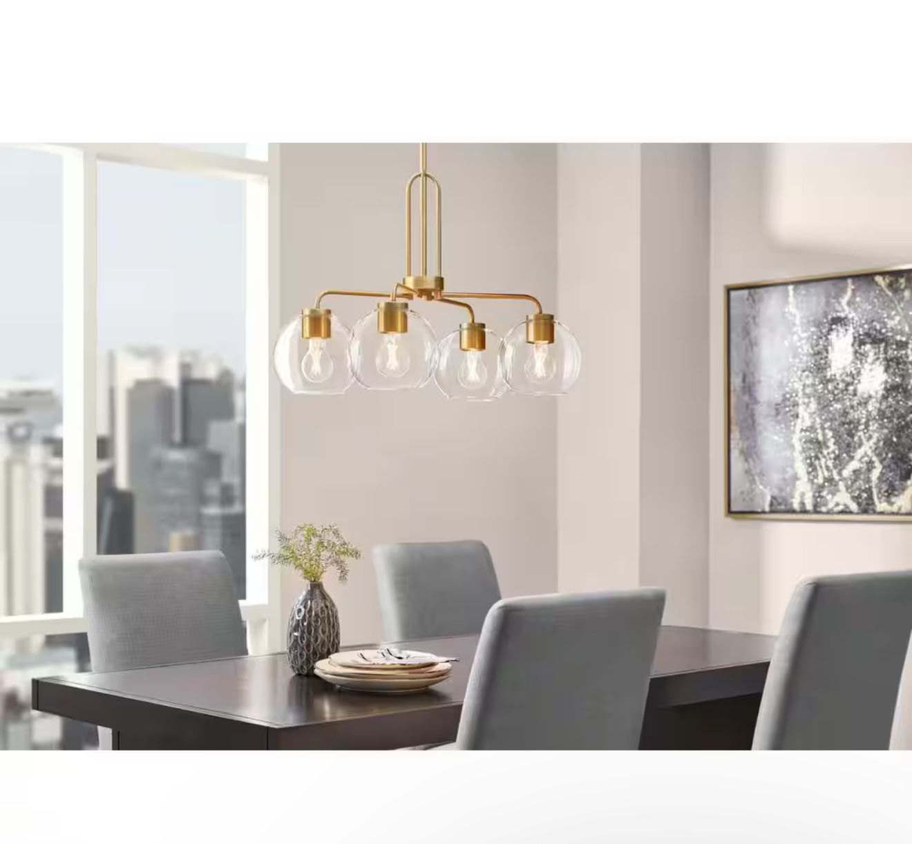 Hampton Bay Nelwyn 25 in. 4 Light Vintage Brass Chandelier with Clear Glass Globe Shades