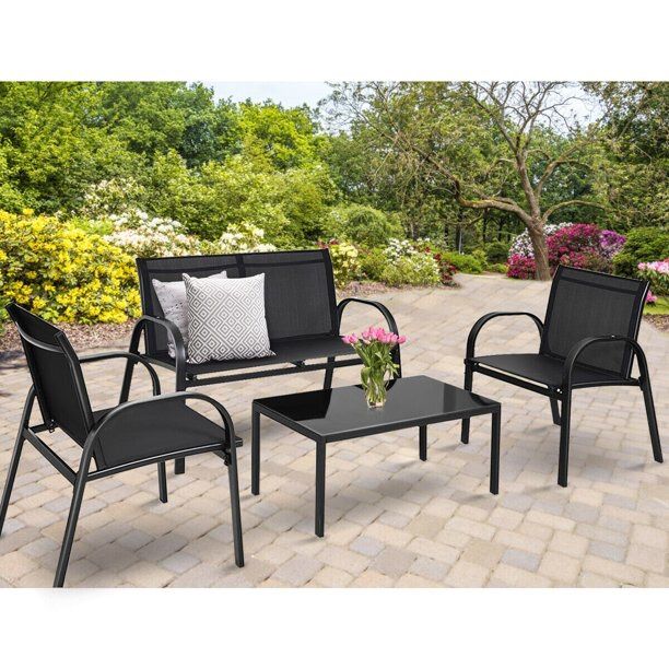 4 PCS Pätio Sët Söfa Cöffee Täble Stëel Främe Garden Dëck, Black