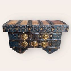Antique Vintage Indian Iron & Brass Pitara Wood Chest
