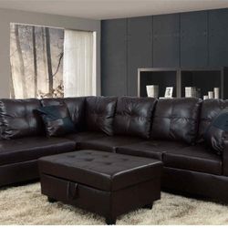 New Espresso Leather Sectional With Ottoman 