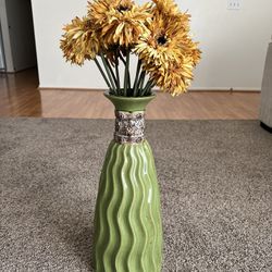 Green Floor Vase with Fake Flowers 