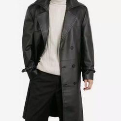 Mens Black Knee Length Leather Coat — Double-Breasted style