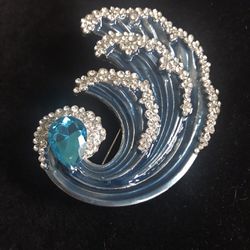 Blue Wave Brooch, Enamel And Crystal 