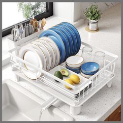 SNTD Dish Drying Rack - Small Dish Rack For Kitchen Counter, Stainless Steel Dish Drainer With Utensil Holder And Drainboard, 11" W X 15" L (White)