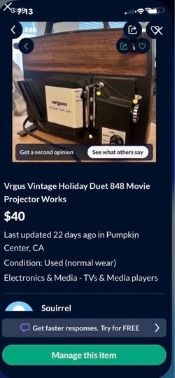 Vrgus Vintage Holiday Duet 848 Movie Projector Works