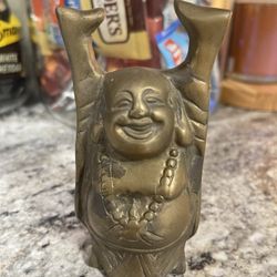 VINTAGE SOLID BRASS HAPPY BUDDHA 5” LUCKY HANDS 