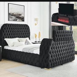 Brand New Elegant Tufted Fireplace Tv Lift Queen Bed Frame 