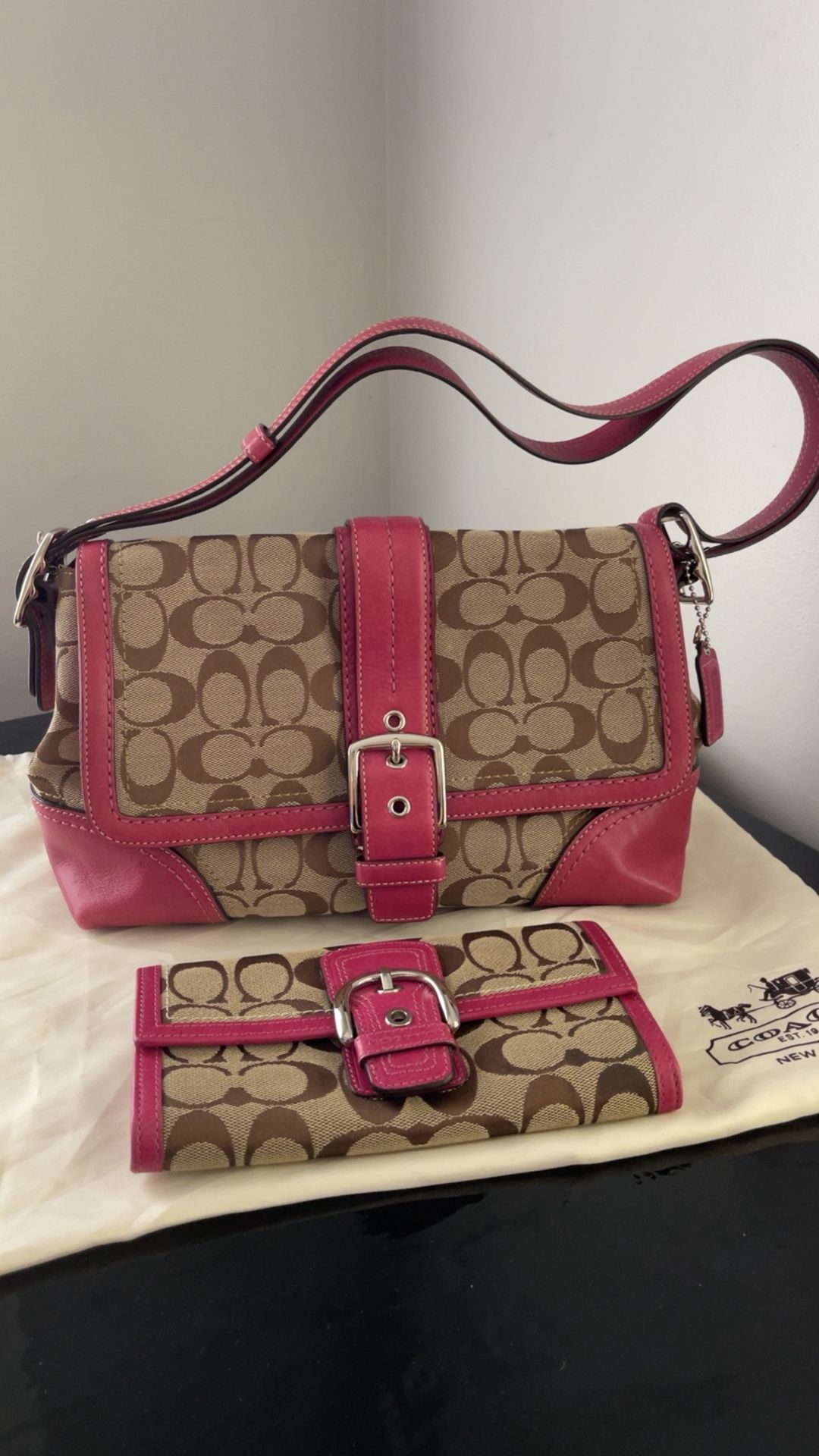 Coach Pink Trim Shoulder Bag with Matching Wallet