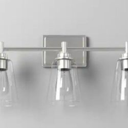 Hampton Bay Wakefield 22 in. 3-Light Brushed Nickel Modern Vanity with Clear Glass Shades
