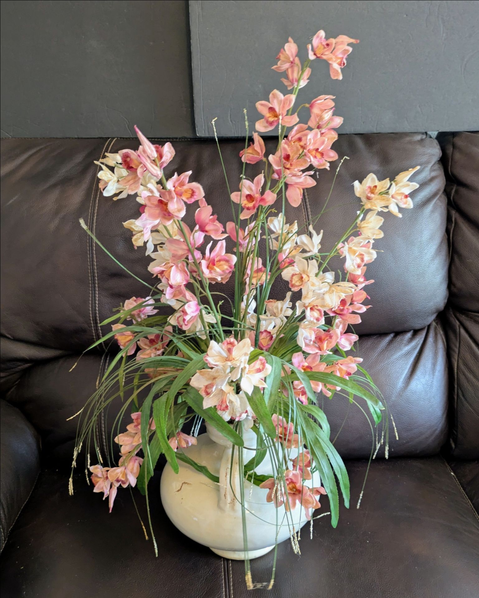 Using A Pink Flower Flowers Pink Floral Arrangement in White Rustic Vase for Sale in ...