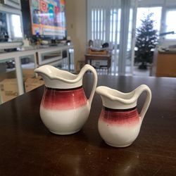 Vintage 1950's Mayer China USA Set Of 2 Creamers Red Fade Out W/Black Band, Heavy Restaurant Ware W/Scalloped Edges Market Value $24