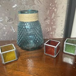 Hanging Blue Vase and 3 Votive Candle Holders