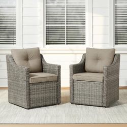 Wicker Patio Dining Chairs with Casters Set of 2, Outdoor Rattan Chairs with Thickened Cushions and Rollers for Backyard, Poolside, Garden or Porch(Br