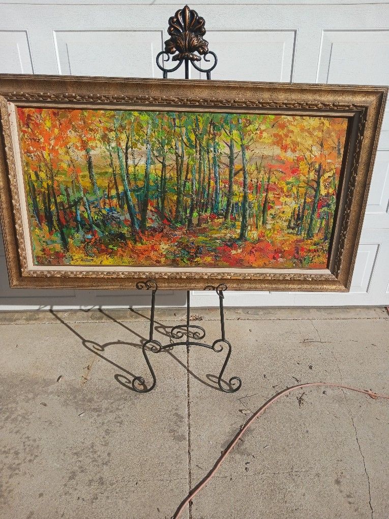 Large Vintage Framed Impressionists Forest Signed Oil On Canvas Painting