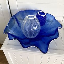 Art Hand Blown Glass Bowl Sculpture Blue White In Chihuly by Unknown Artist