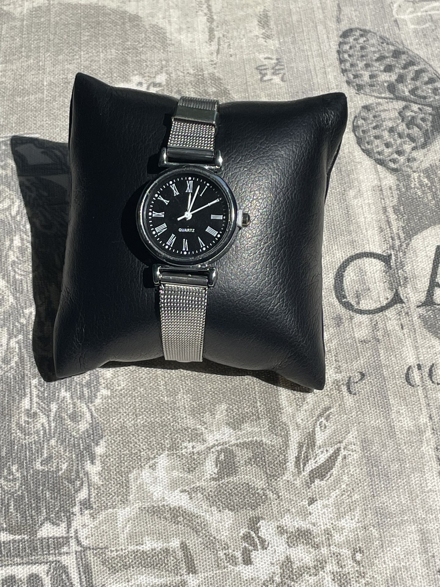 Small Thin Silver Watch / Black Face 