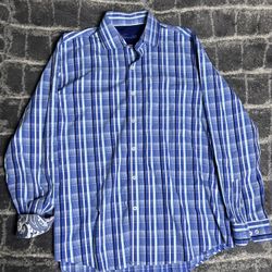 Tasso Elba Shirt Mens Size XL 17-17.5 Button Up Long Sleeve| Blue Plaid | CLEAN