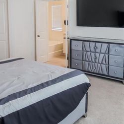 grey bedroom set with dresser and mirror 