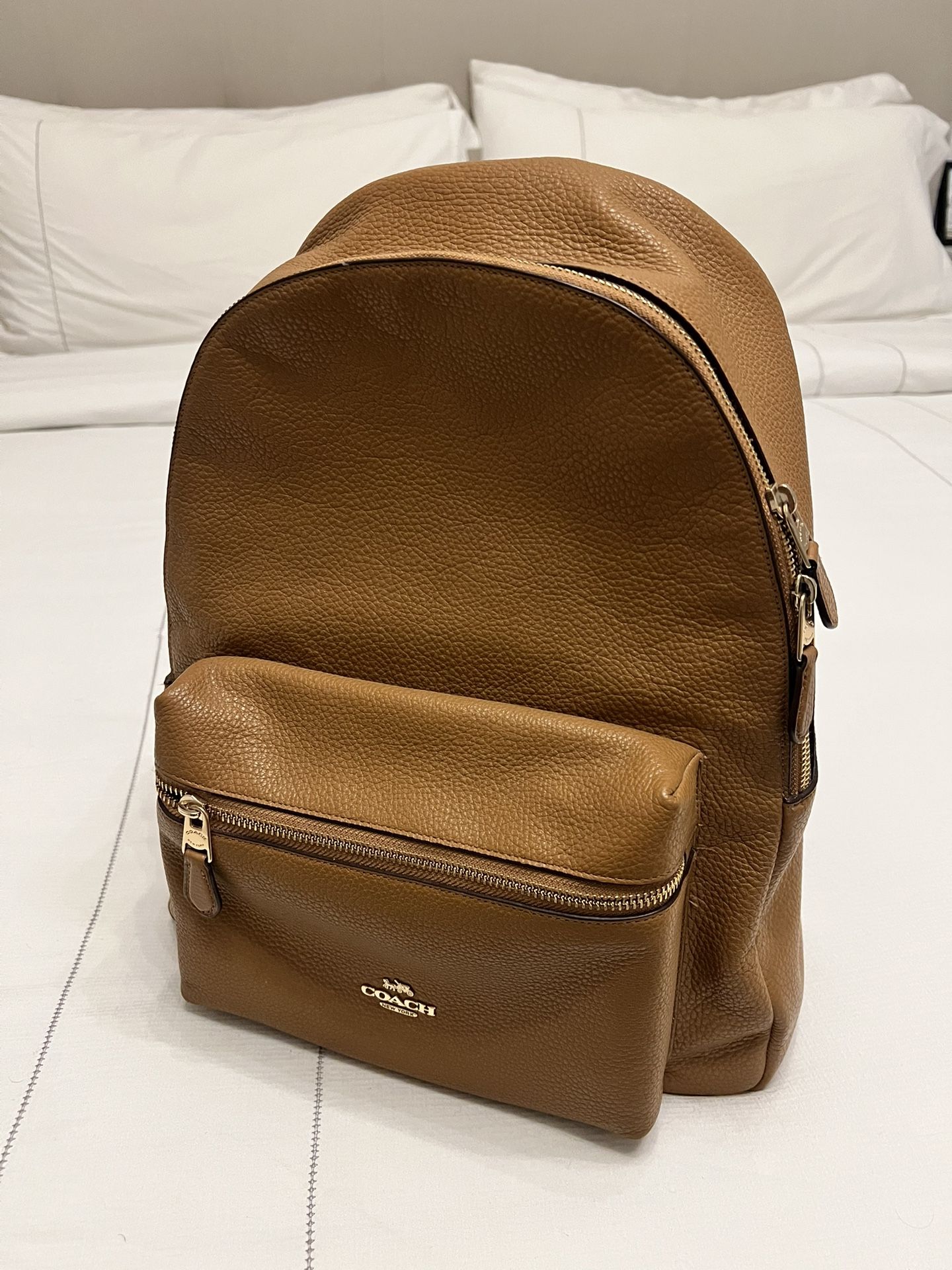 Coach Leather Backpack – Camel Color with Fabric Straps