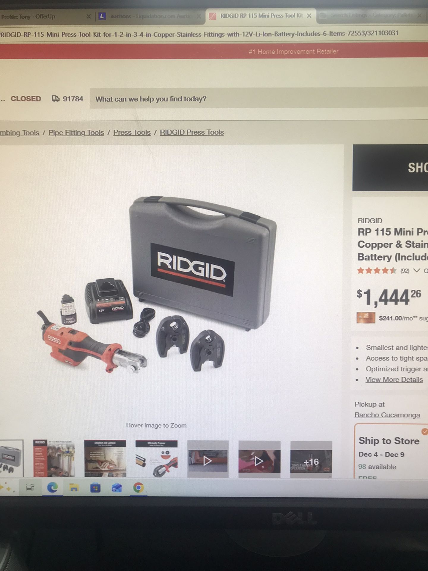 Ridgid RP 115 Mini Press Tool Kit For 1/2 In to 3/4 In Copper & Stainless Fittings with Battery 