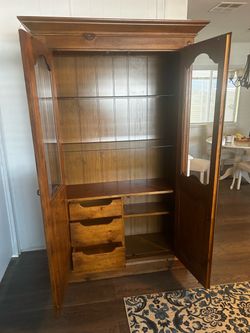 Large Wooden Armoire with Glass Doors