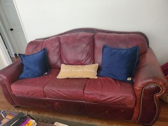 Red Leather Sofa with Nailhead Trim