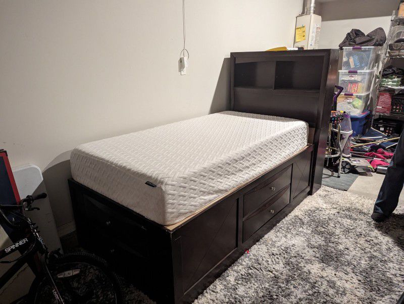 Twin Bed With Mattress and Nightstand 