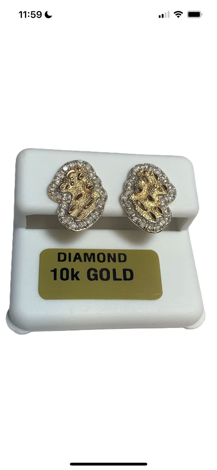 Genuine Diamonds 0.44 Ctw  Men's Women 10K Real Gold 2 Tone Nugget Earring 15mm 