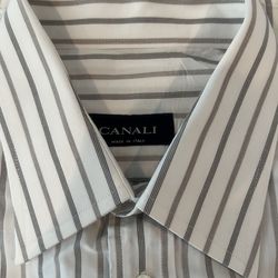Canali Men's White Gray Striped Dress Shirt 43/17 Long Sleeve Collared